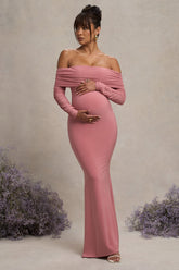Blush Pink Maternity Ruched Mesh Bardot Maxi Dress
